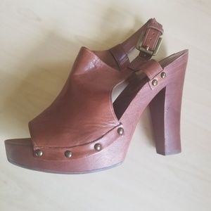 Dark Tan Leather Open-toe Heels